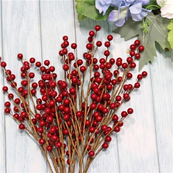 12 Pcs Artificial Red Berries Stems 13.5" Waterproof Berry Branches for Home - Picture 4 of 8